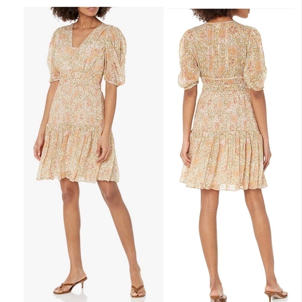 SHOSHANNA Aubrey metallic smocked puff sleeve mini dress size 4 - Picture 2 of 9